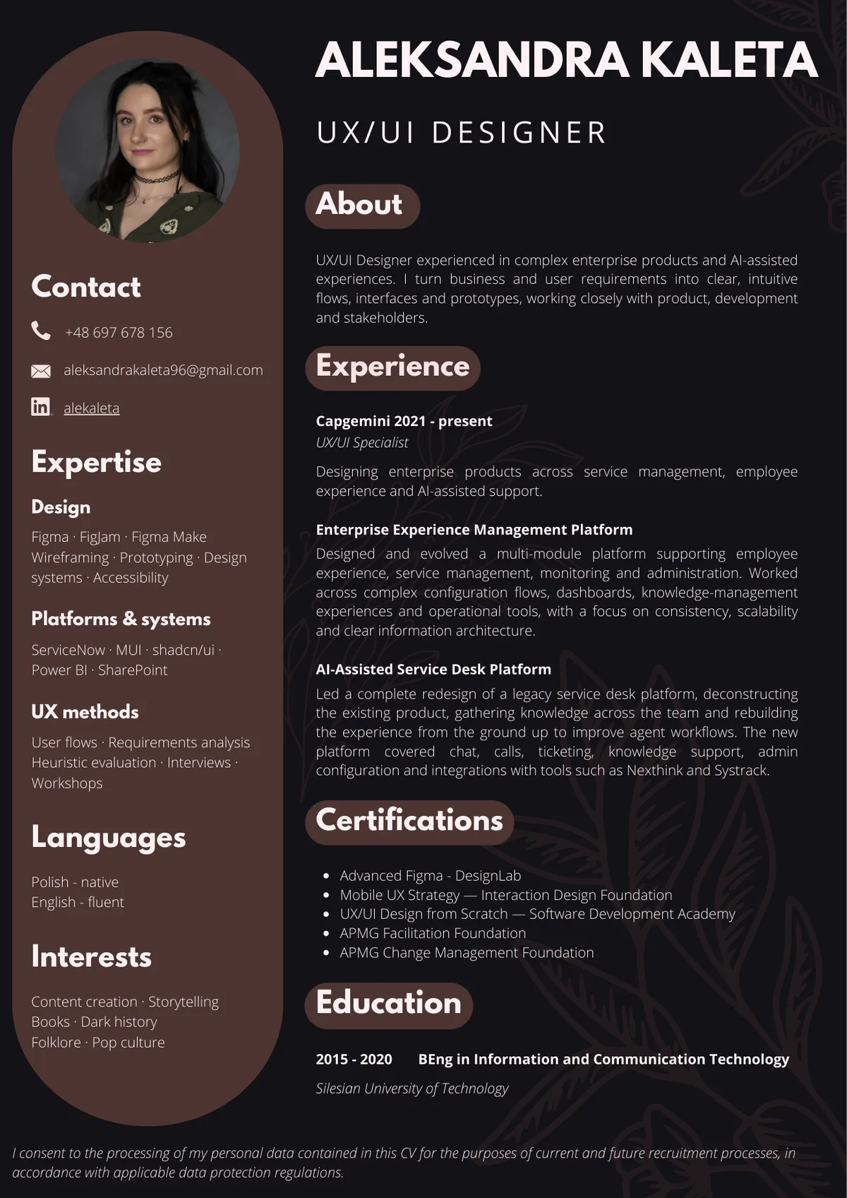 First page of Aleksandra Kaleta’s CV